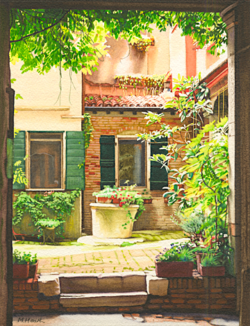 A watercolour painting of a sunlit courtyard in Venice by Margaret Heath RSMA.